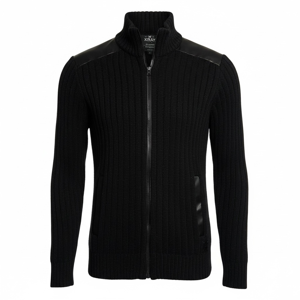 XRAY Men’s Black Full-Zip Faux Leather Sweater Jacket